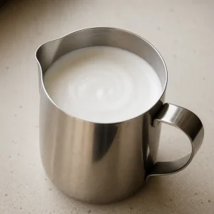 Smooth microfoam resting in a stainless milk pitcher