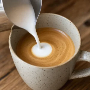 Steamed milk pouring into the center of espresso crema