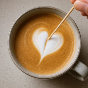 Toothpick shaping white foam into a heart on the latte