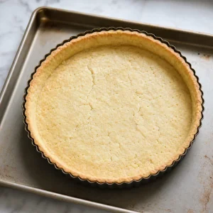 Blind-baked tart shell cooling after weights are removed