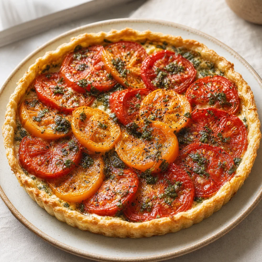 Finished tomato tart on a plate