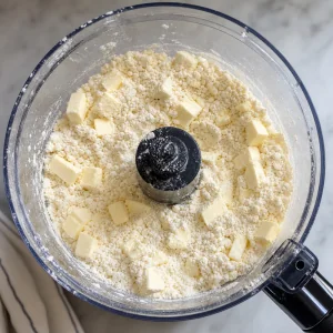 Flour and cold butter pulsed into coarse crumbs