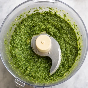 Green basil and parsley paste in a food processor