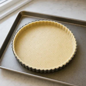 Raw tart shell fitted in a fluted pan and pricked with a fork
