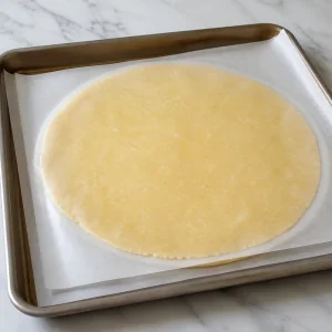 Tart dough rolled between parchment sheets