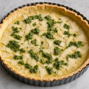Tart shell layered with Dijon, cheese, and herb paste