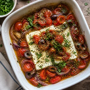 Feta assado salpicado com salsa e pimenta-do-reino.