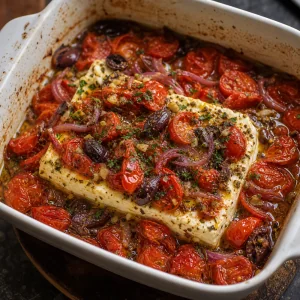 Feta assado com tomates murchos e bordas macias.