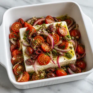 Feta em uma travessa coberto com mistura de tomate e azeitonas.