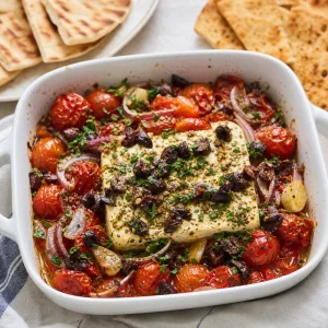 Feta rotie terminee avec tomates, olives, herbes et pita.