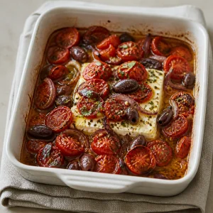 Feta assado quente descansando com sucos de tomate e azeitona ao redor.