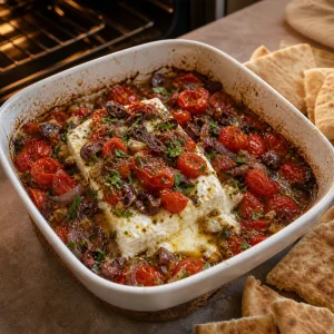 Feta assado reaquecido com bordas macias e cobertura de tomate e azeitonas.