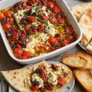 Feta assado macio com tomate e azeitonas servido com pao.