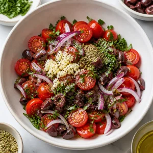 Tomates, azeitonas, cebola, alho, ervas, azeite e pimenta misturados em uma tigela.