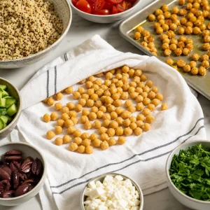 Chickpeas drying on a towel with salad ingredients nearby