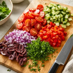 Chopped vegetables and olives on a cutting board