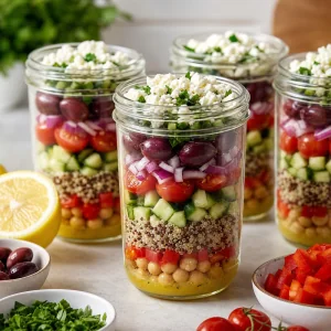 Layered quinoa chickpea salad jars topped with feta