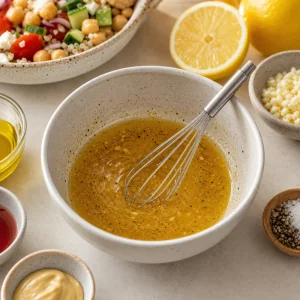 Lemon vinaigrette whisked in a small bowl