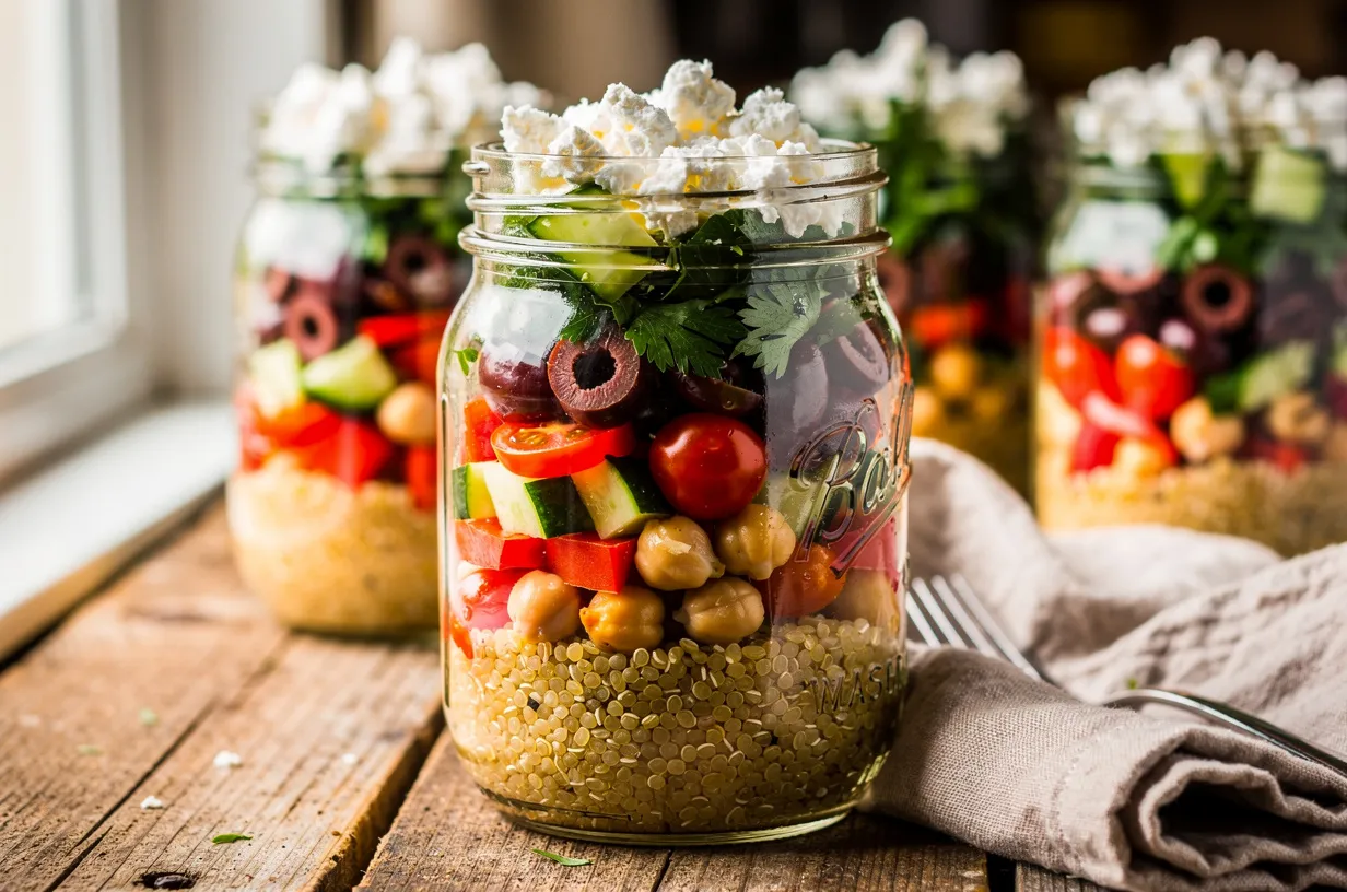 Mediterranean Chickpea and Quinoa Lunch Jars with Feta