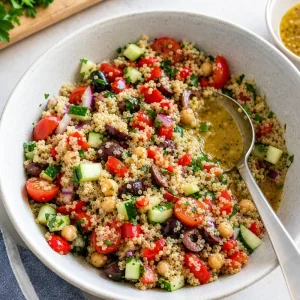 Quinoa chickpea salad tossed with vegetables and herbs
