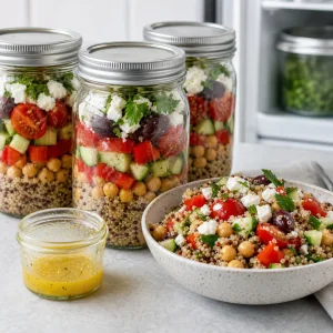 Sealed lunch jars with a bowl of quinoa chickpea salad