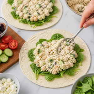 Mistura de grão-de-bico e feta espalhada sobre espinafre nas tortilhas