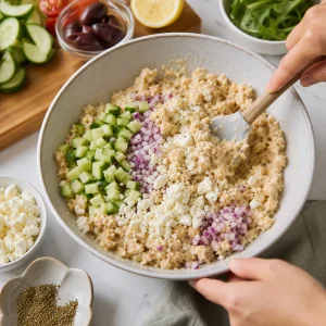 Feta pepino e cebola roxa envolvidos na mistura cremosa de grão-de-bico