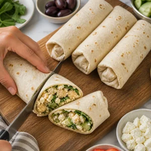 Wraps enrolados de grão-de-bico e feta cortados na diagonal mostrando o recheio