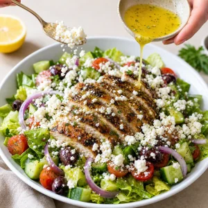 Crumbled feta and lemon vinaigrette added over the grilled chicken salad.