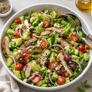 Finished Greek chicken salad gently tossed and ready to serve.
