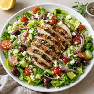 Finished Mediterranean Greek-style chicken salad with grilled chicken, feta, olives, vegetables, and lemon vinaigrette.
