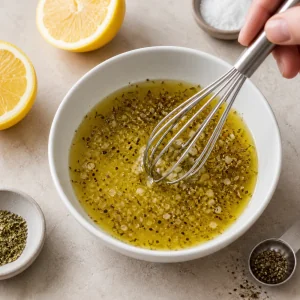 Lemon oregano vinaigrette being whisked with olive oil, garlic, salt, and pepper.