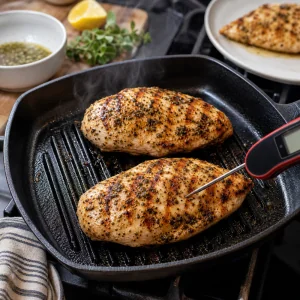 Marinated chicken breasts cooking in a grill pan until golden with grill marks.