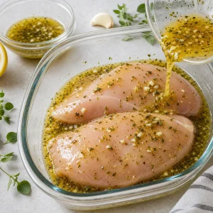 Raw chicken breasts marinating in lemon herb dressing in a shallow dish.