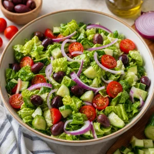 Romaine, cucumber, cherry tomatoes, red onion, and olives combined for the salad base.