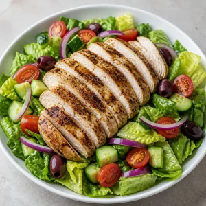 Sliced grilled chicken arranged on top of the Greek salad greens.
