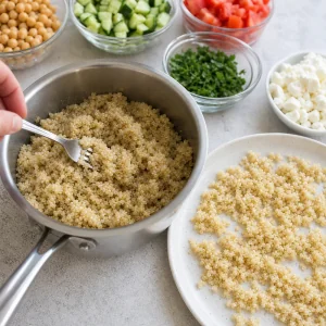 Fluffy cooked quinoa being forked and spread on a plate to cool