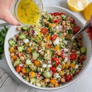 Lemon olive oil dressing poured over Mediterranean quinoa salad