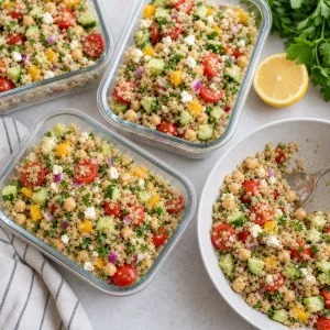 Mediterranean quinoa salad portioned into meal prep containers