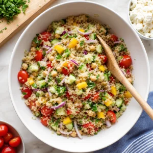 Quinoa salad ingredients mixed in a large bowl with chickpeas and vegetables