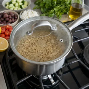 Quinoa simmering in a covered saucepan on the stovetop