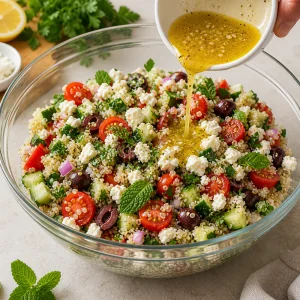 Molho de limao despejado sobre salada mediterranea de quinoa com feta esfarelado e ervas