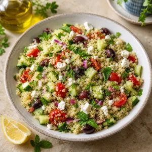 Mediterranean quinoa salad with cucumber, cherry tomatoes, Kalamata olives, feta, parsley, and mint