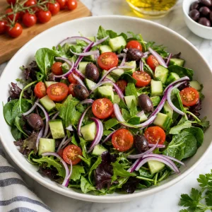 Cherry tomatoes cucumber red onion and olives added to salad greens