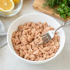 Drained canned tuna flaked gently with a fork in a small bowl