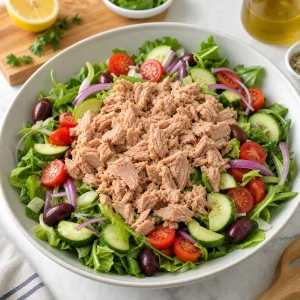 Flaked tuna added over Mediterranean salad vegetables in a large bowl