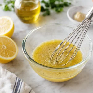 Lemon Dijon dressing whisked with olive oil in a small glass bowl