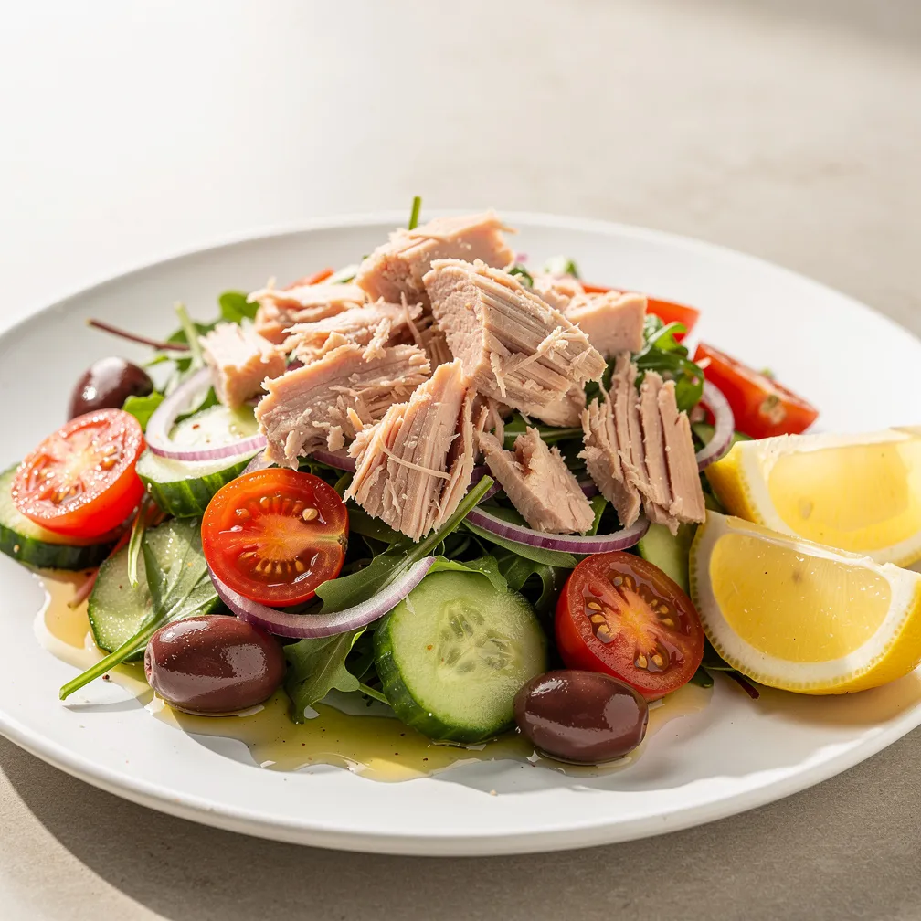 Mediterranean tuna salad with fresh vegetables, olives, and lemon dressing on a white plate