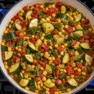 Corn, tomatoes, green chiles, and spices stirred into zucchini
