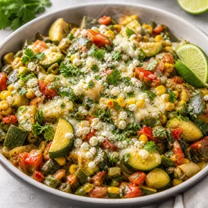 Finished calabacitas with corn, cheese, cilantro, and lime wedges